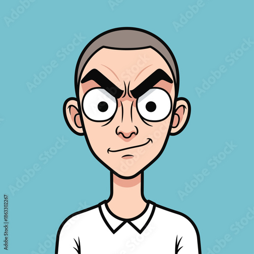 Cartoon man with angry expression on blue background