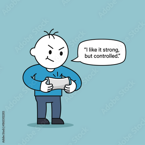 Cartoon man holding paper with determined expression and speech bubble