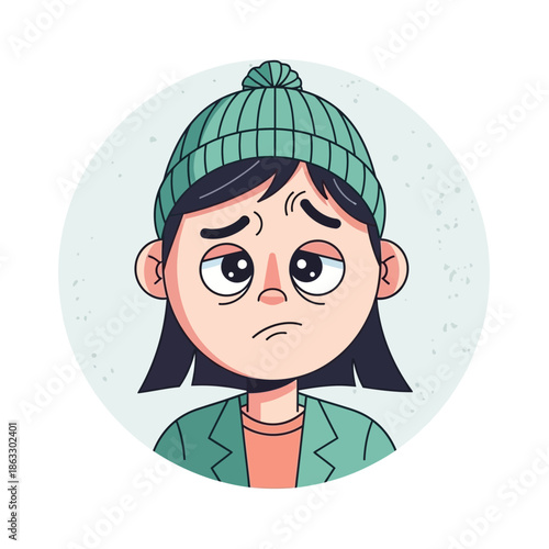 Unhappy young woman with green beanie and jacket looking worried