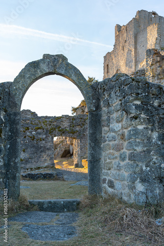 The medieval castle. The ruins of the castle on a winter evening? at sunset.