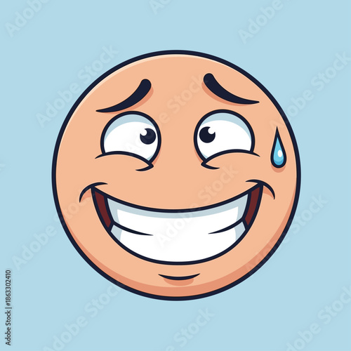 Cartoon face with comical expression and tear of joy on blue background