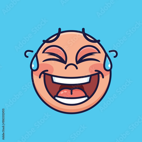 Laughing face with tears of joy on blue background