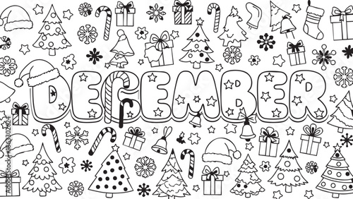 Festive December illustration with Christmas trees, gifts, and snowflakes in a lively doodle style