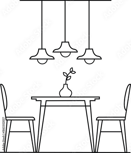 Minimalist dining room interior design line art illustration with table chairs and pendant lights