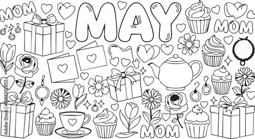 A collection of illustrations for Mother's Day celebration featuring gifts, tea, and cupcakes in a whimsical style.