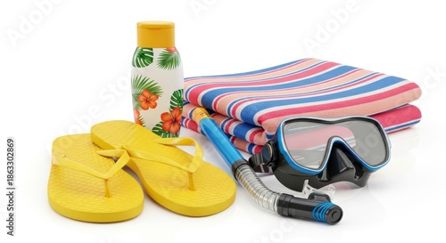 Colorful beach accessories, including yellow flip-flops, a striped towel, a diving mask, and a patterned sunscreen bottle, are arranged against a plain white background, evoking a summer vacation...