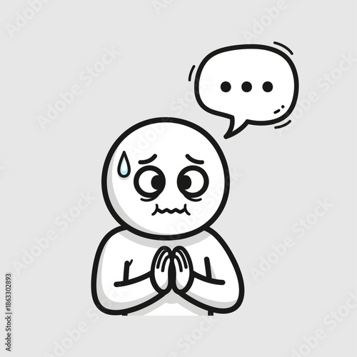 Cute cartoon character praying with worried expression and speech bubble