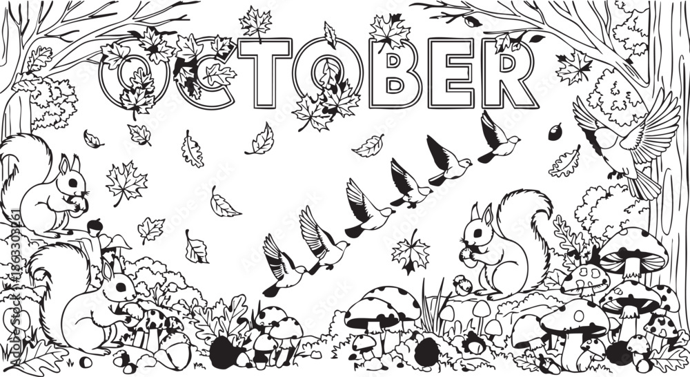 Obraz premium Squirrels playing in a forest with leaves falling from trees in October