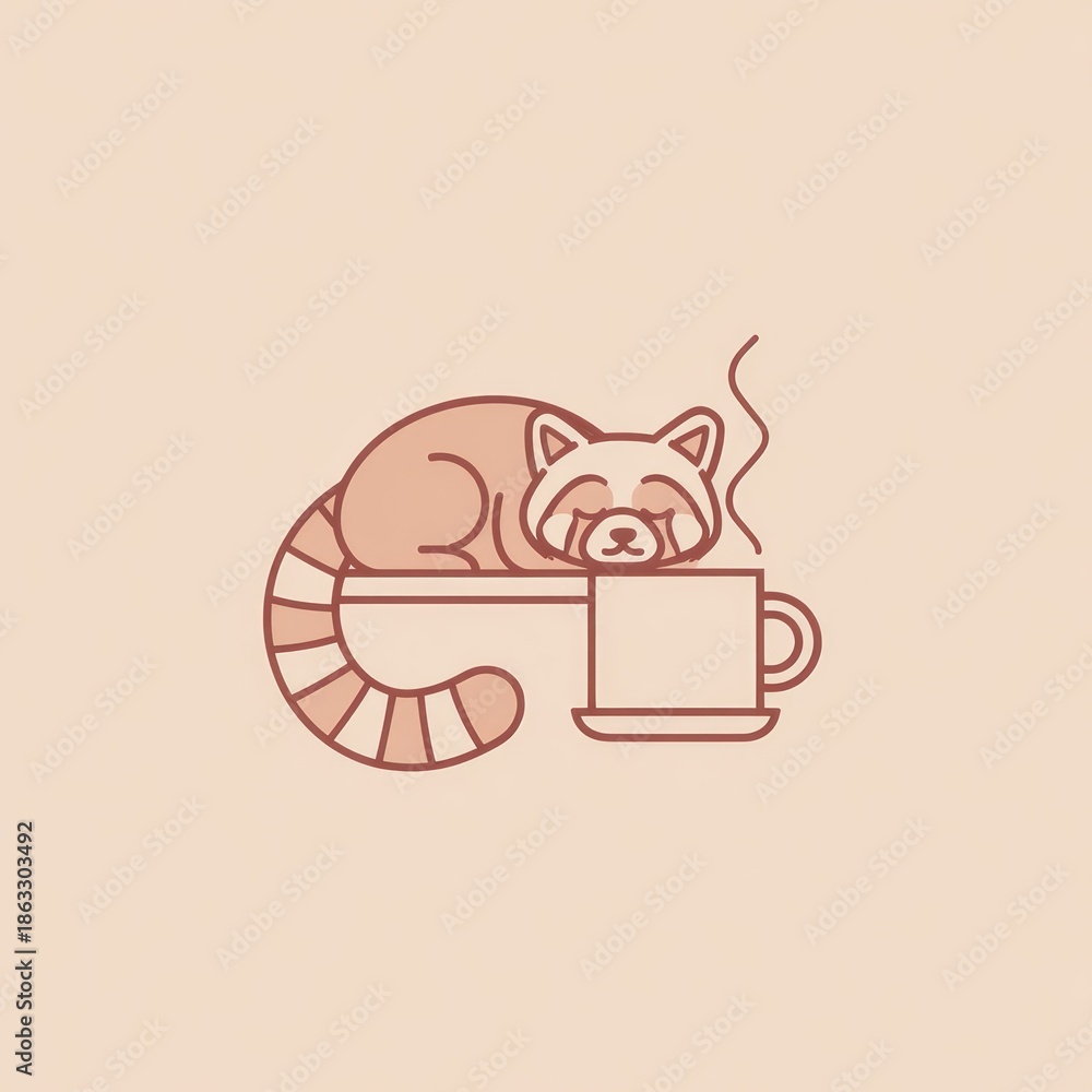 Obraz premium Resting red panda near a coffee mug illustration