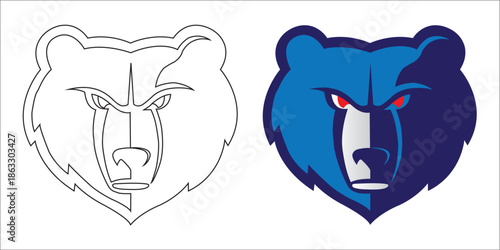 Fierce blue bear head with red eyes and a black outline version on white animal mascot
