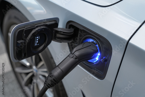 Gros-plan sur le port de de recharge d'une voiture électrique connectée par câble.