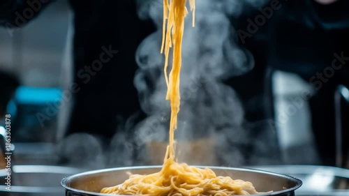 Steaming noodles being lifted from pot with tongs in a commercial setting