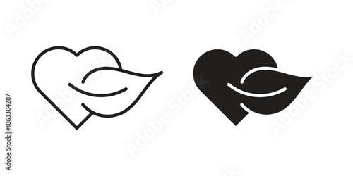 Leaf heart icons vector silhouette set. thin line icon pack.