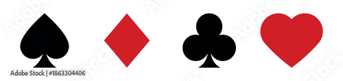 Four playing card suits icons set featuring a black spade and diamond and a red club and heart arranged horizontally in a clean, minimalist graphic design style