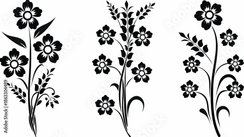 Elegant floral designs with black flowers on white background