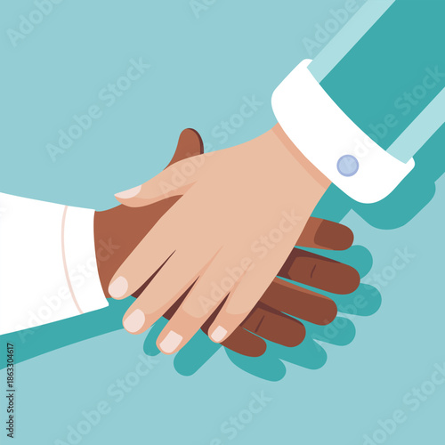 Close-up illustration of a multi-ethnic handshake representing racial equality, diversity, inclusion, and successful business partnership or agreement.