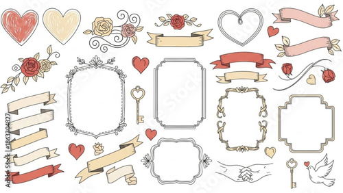 Vintage illustration set with hearts, roses, and ribbons for love and wedding designs