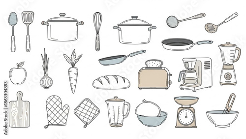Kitchen essentials and ingredients for cooking and baking