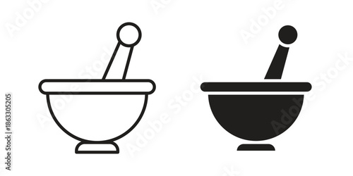 Mortar pestle icons vector silhouette set. thin line icon pack.