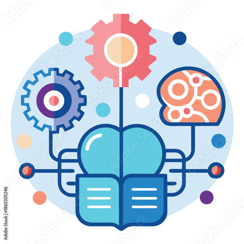 Conceptual illustration of human intelligence and learning featuring a brain connected to gears and an open book for education, logic, and innovation.