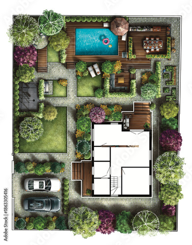 Garden layout with swimming pool, patio, and landscaped areas  