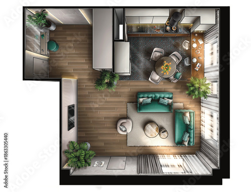 Modern apartment interior with open layout and greenery accents  