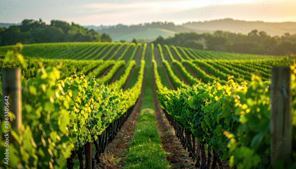 Obraz premium Vast rows of green grapevines stretching toward distant hills under soft morning sunlight in lush rolling vineyard