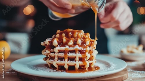 Syrup pouring over stack of waffles on plate with bokeh background