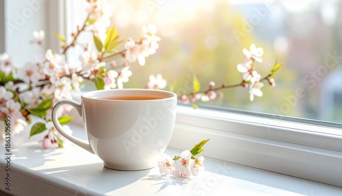 Wallpaper Mural Warm cup of tea sits on a windowsill with cherry blossom branches in the background during morning light Torontodigital.ca