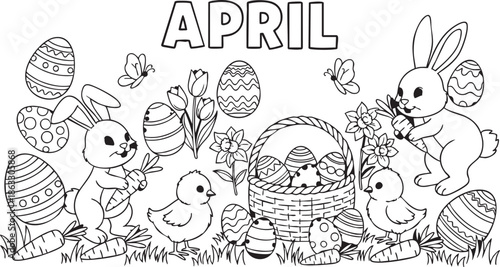 Easter bunnies and chicks gathered around a basket full of eggs in a spring scene