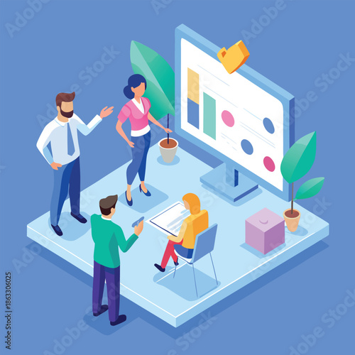 Business Intelligence and Data Monitoring Isometric Illustration with a Corporate Team Reviewing Analytical Reports on a Large Computer Monitor