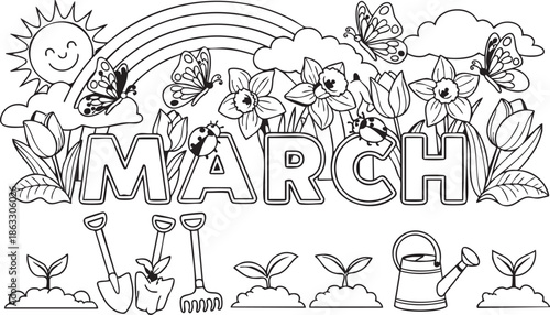 Spring gardening scene with flowers, butterflies, and gardening tools under a rainbow