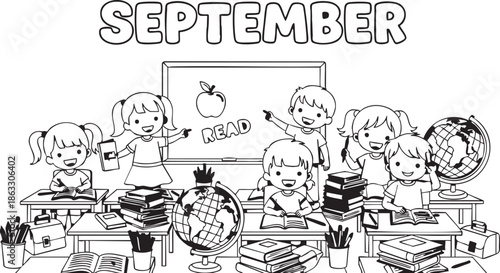 Children gathered around a table with educational materials and a blackboard in the background on a September morning