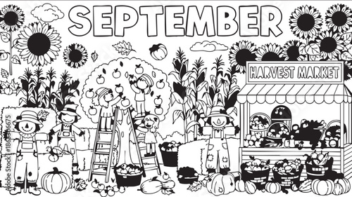 A vibrant autumnal scene with people celebrating September at a pumpkin market stall surrounded by flowers, fruits, and decorative elements