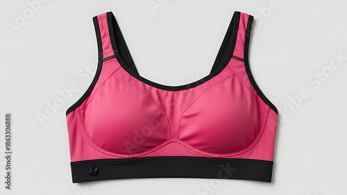 Pink sports bra with black trim and straps