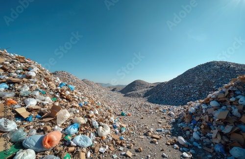 Vast garbage dump landscape with hills of rubbish under blue sky. Plastic bags, cardboard, and waste pile up, showing ecological damage and contamination.