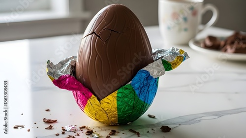 Easter Celebration, Chocolate Egg, Kitchen Table, Photo, Indoor, Close-up, Sweet Treats and Joyful Moments