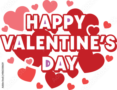 Happy Valentine's Day with red hearts on white background