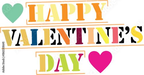 Vibrant Happy Valentine's Day typography with colorful hearts