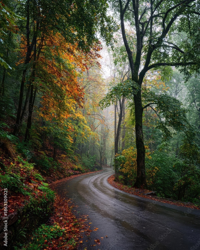 Fototapeta premium A winding wet road through a misty autumn forest with orange, red and green leaves. Concept Winding wet road, Misty autumn forest, Orange red green leaves, Moody atmospheric landscape