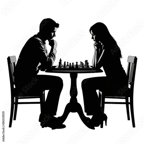Man and woman playing chess game Isolated On Transparent Background.