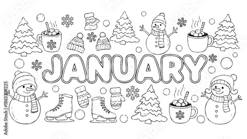 Winter scene illustration featuring snowmen, trees, and hot chocolate with marshmallows in a festive January setting