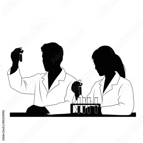 Two scientists working in laboratory Isolated On Transparent Background.