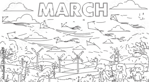 Windmills operating in a rural landscape during the month of March with cloudy skies