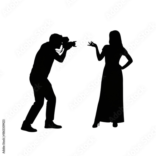 Silhouette of woman posing for photographer Isolated On Transparent Background.