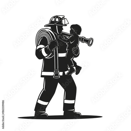 Firefighter carrying a little child Isolated On Transparent Background.
