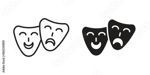 Theater masks icons vector silhouette set. thin line icon pack.