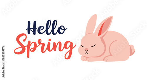 Hello Spring greeting with a cute pink rabbit sleeping peacefully next to the colorful and cheerful modern typography.