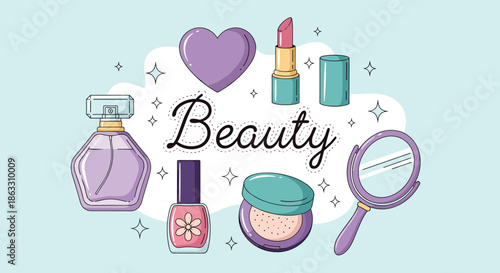 Beauty and cosmetics concept illustration with various makeup products like lipstick perfume and nail polish arranged around text.
