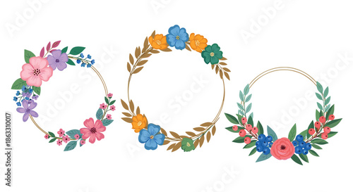 Set of three elegant and colorful floral wreath frames with delicate gold rings perfect for wedding invitations or decorative design.